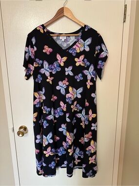 LuLaRoe Black Midi Dress with Multicolor Butterfly Print